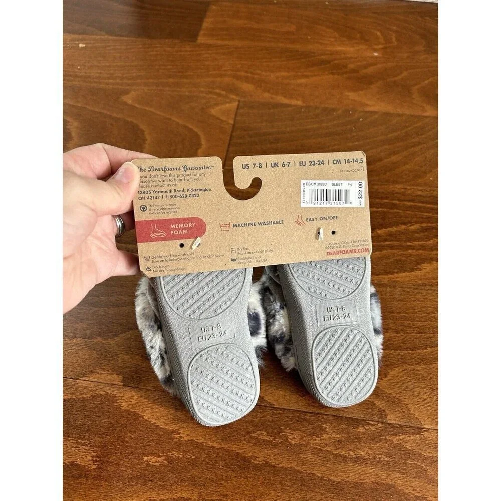 Dearfoams Kids Toddler‎ Little Kids Gray Fuzzy Cheeta Print Slippers NEW 7-8 US